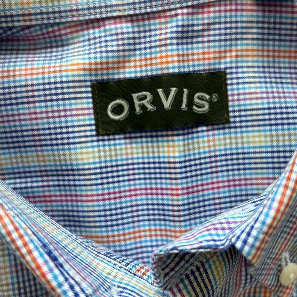 Orvis mens bright colors crisp plaid pinstripe button down dress shirt size M - Picture 5 of 8